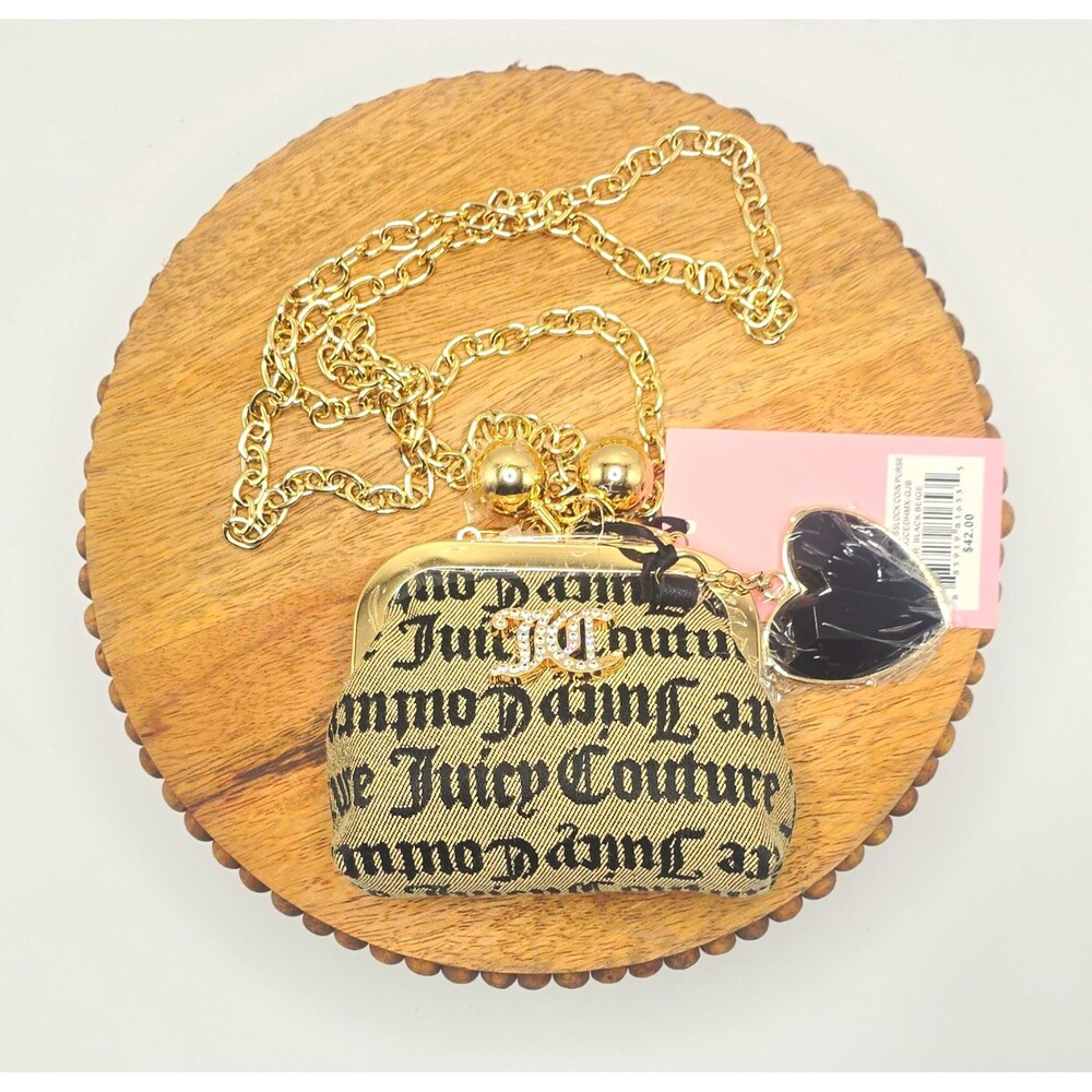 Juicy Couture Beige Black Logo Kiss Lock Mini Clutch Gold Chain Charm